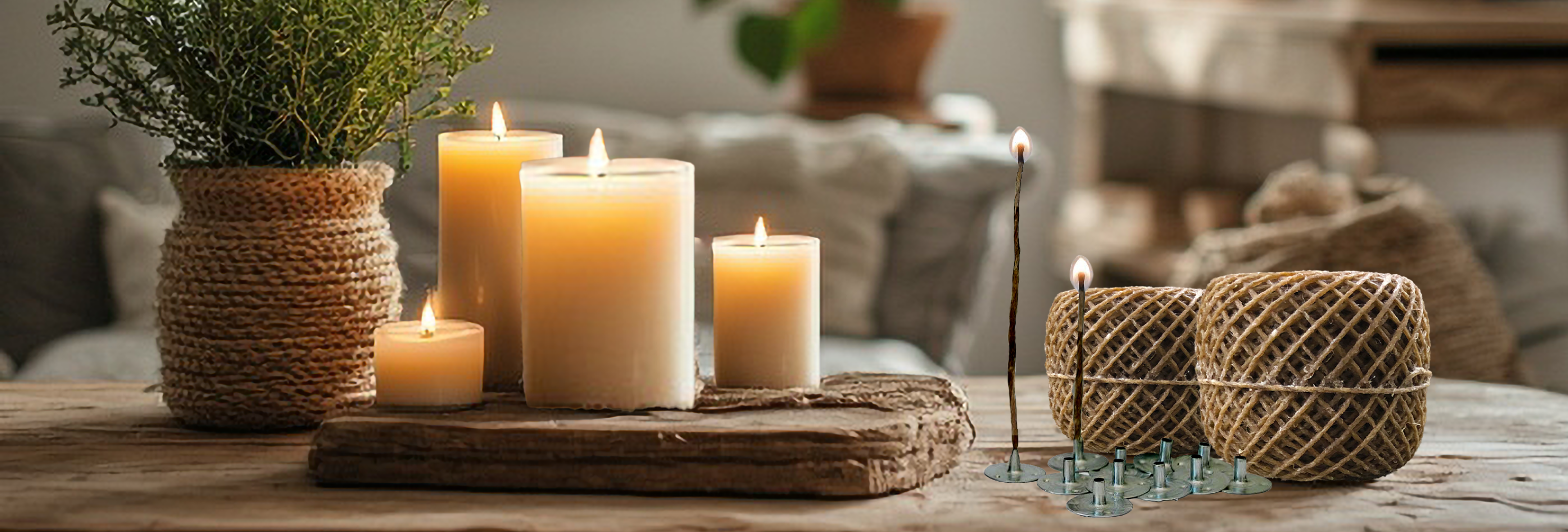 23 Bees product image with candles and twine on a wooden table
